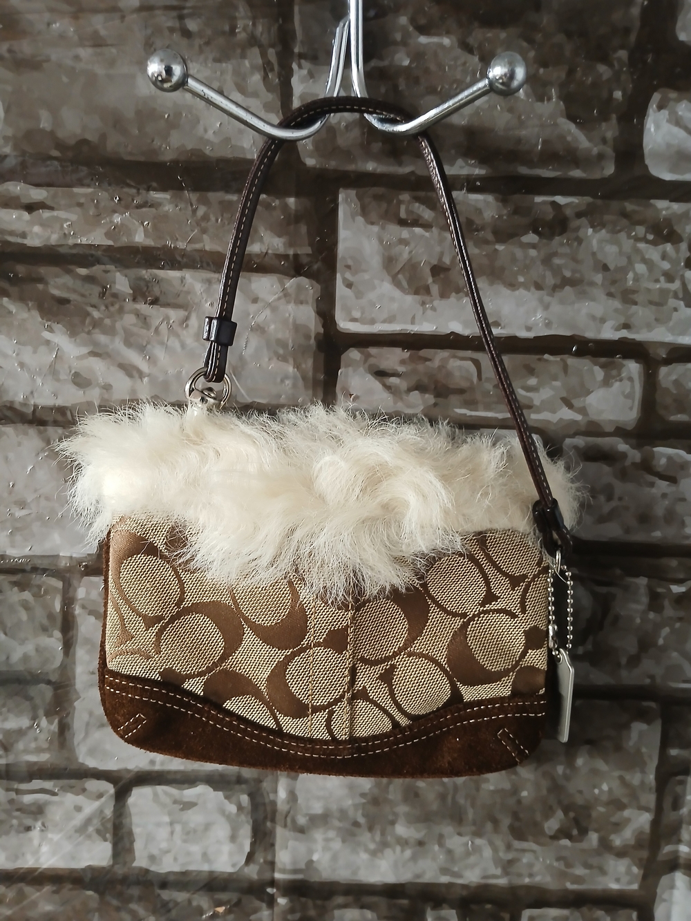 Coach Brown Signature Canvas Clutch with Cream Fur Trim